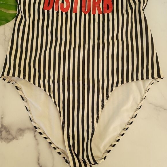 One Piece Swimsuit NOBO large Do Not Disturb black white striped swimming suit - Picture 7 of 7
